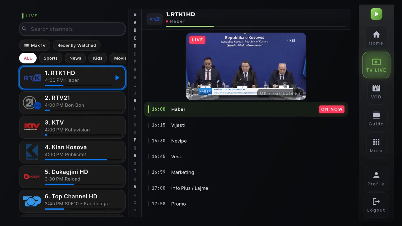 MAXTV on a TV: channel list with live preview and today's schedule